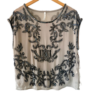 NWT Willow & Clay Sheer Grey silver beaded & sequined blouse XS brand new